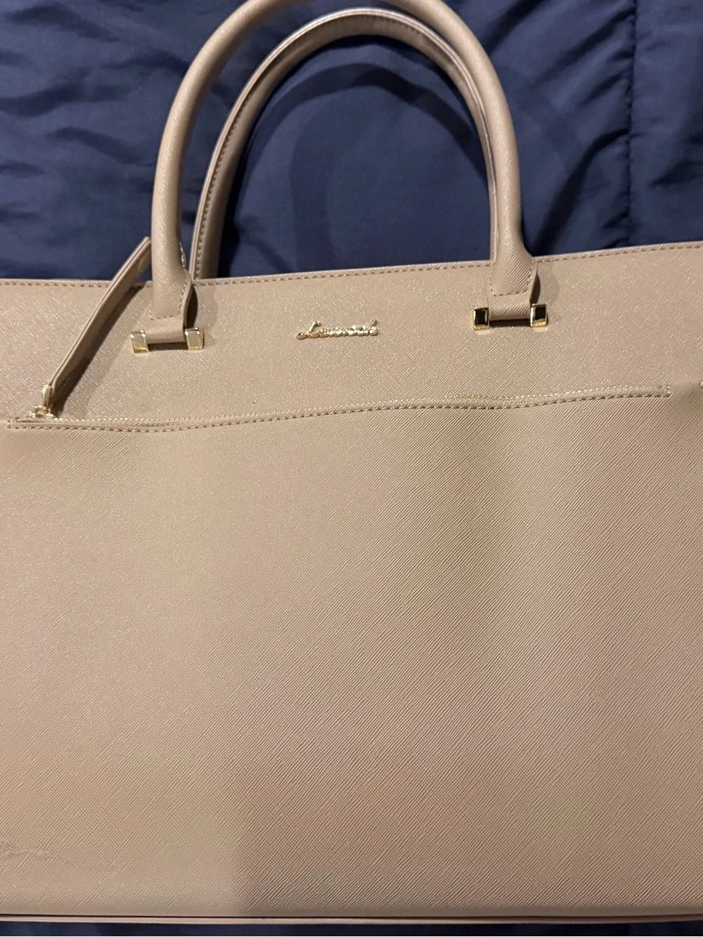 Beige Structured Tote Bag with Gold Accent by